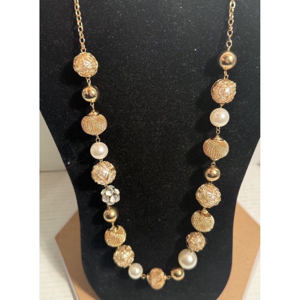 NWT Macy’s Gold Plated Necklace Faux Pearl Filigree Baubles Rhinestones 18”